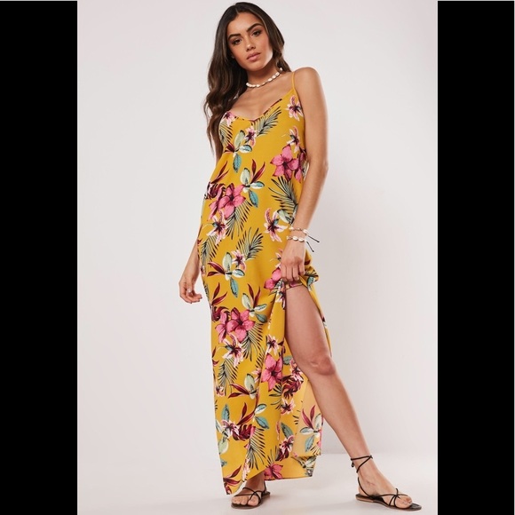 Missguided Yellow Floral Strappy Side Split Maxi - Picture 3 of 11